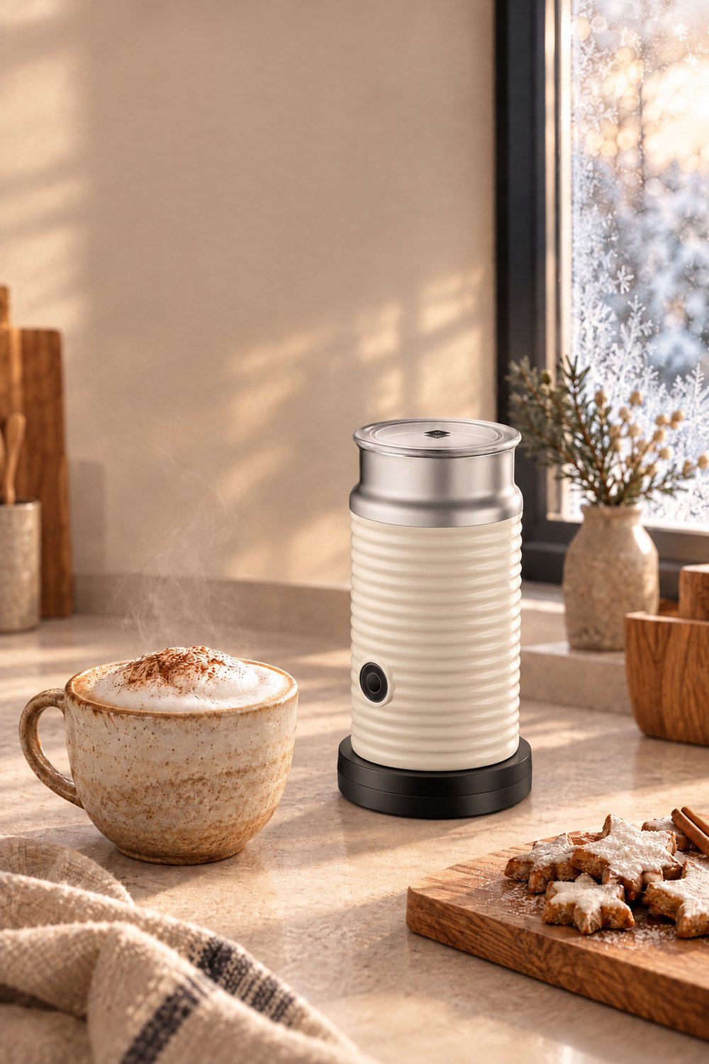 Cremeweißer Nespresso Aeroccino 3 Milchaufschäumer neben einem Cappuccino mit Zimt und Zimtsternen auf einem Holzbrett