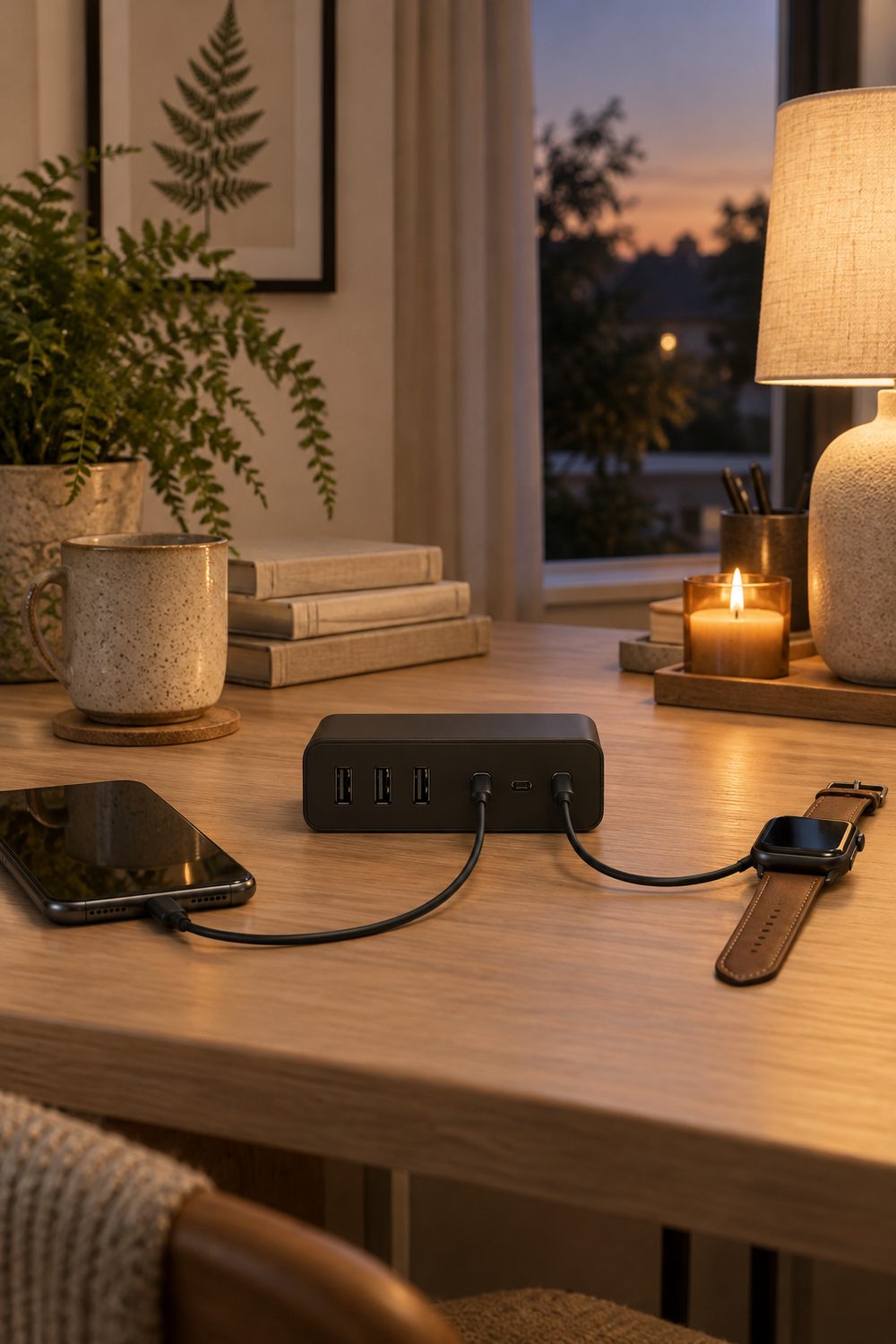 Schwarzes Anker Ladegerät mit sechs Anschlüssen auf einem hellen Holzschreibtisch am Abend, mit Kabeln zu einem Smartphone und einer Smartwatch mit braunem Lederarmband, dahinter Tasse, Bücher, Farn, Kerze und Tischlampe vor dem Fenster