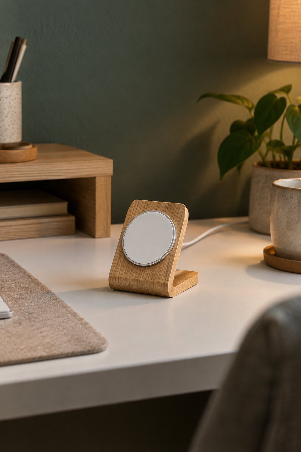 Apple MagSafe Ladegerät in einer Halterung aus Eiche auf einem hellen Schreibtisch, daneben Pflanze, Tasse und Filzunterlage im warmen Abendlicht