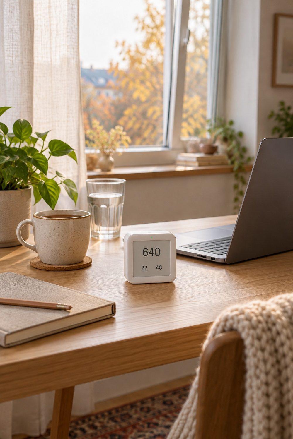 Weißes Aranet4 Home CO2-Messgerät mit E-Ink-Anzeige auf einem hellen Holzschreibtisch neben Laptop, Tasse und Notizbuch, dahinter ein Fenster mit Herbstbäumen