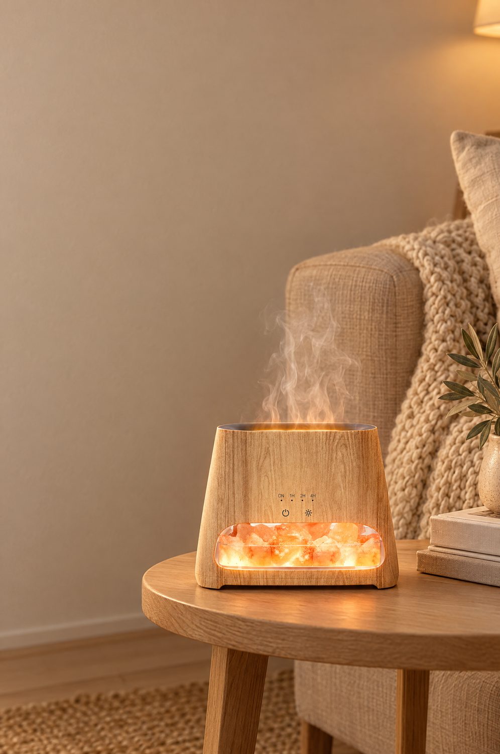 Aroma-Diffuser in Holzoptik mit leuchtenden Salzkristallen verströmt feinen Nebel im abendlichen Wohnzimmer