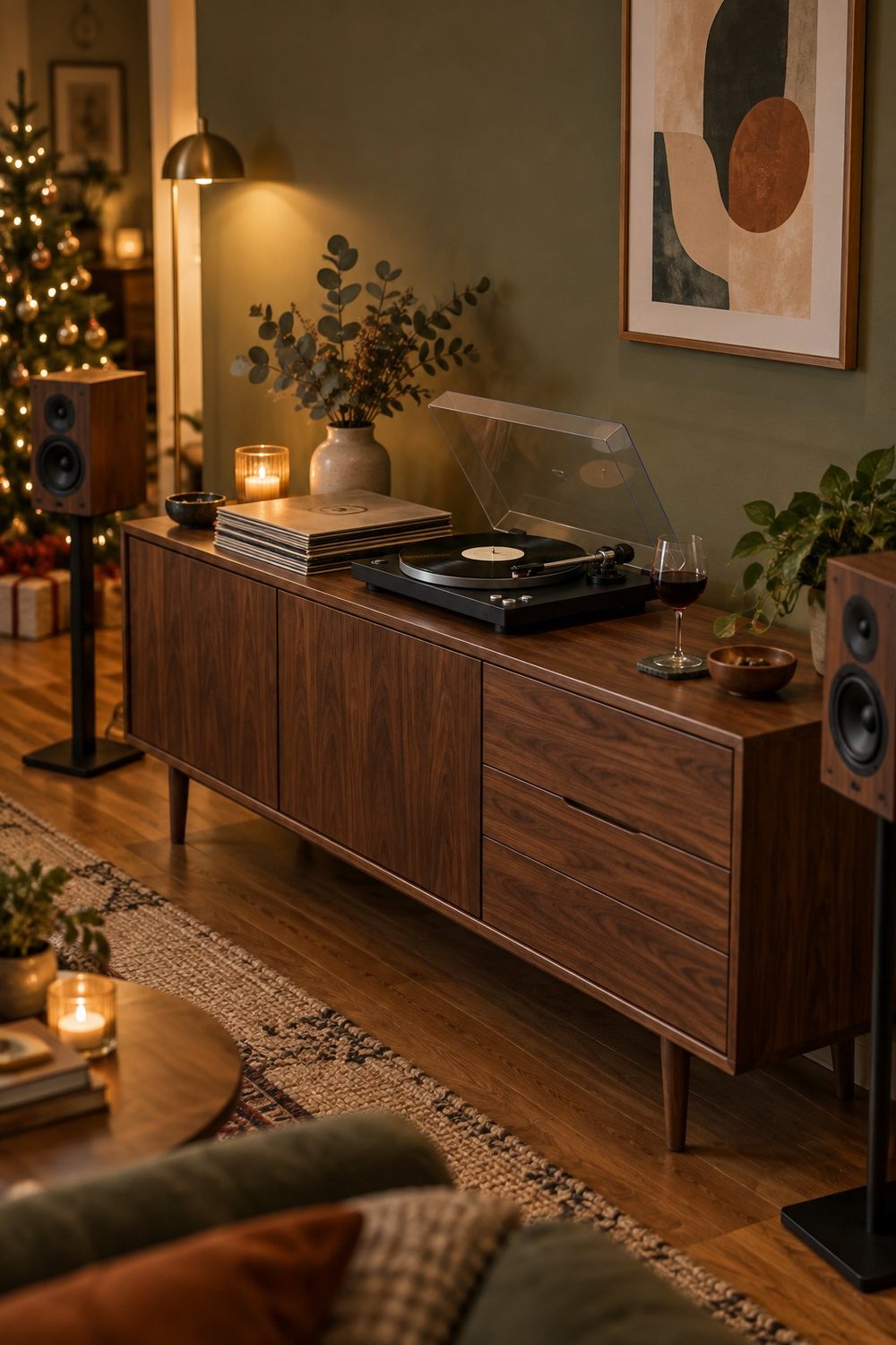Schwarzer Audio-Technica AT-LP60X Plattenspieler mit Schallplatte auf einem Sideboard aus Nussholz, die Lautsprecher stehen abseits auf Ständern, daneben Plattenstapel, Kerze und Weinglas, im Hintergrund ein Weihnachtsbaum