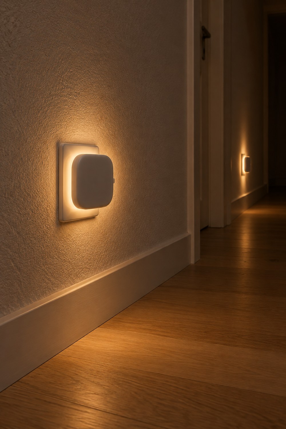 Weißes AUVON Nachtlicht mit abgerundet quadratischer Form in der Steckdose knapp über dem Holzboden, ein warmer Lichtkranz rund um den Rand an der Flurwand, weiter hinten ein zweites