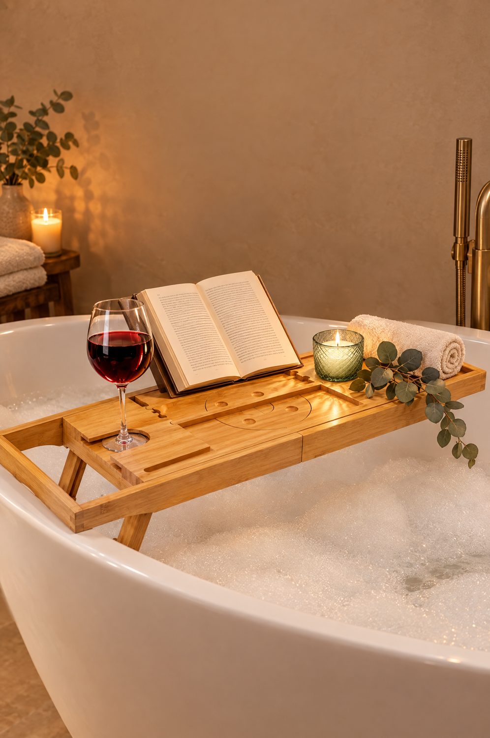 Badewannenablage aus Bambus mit Buch, Weinglas und Kerze über einer Badewanne voller Schaum
