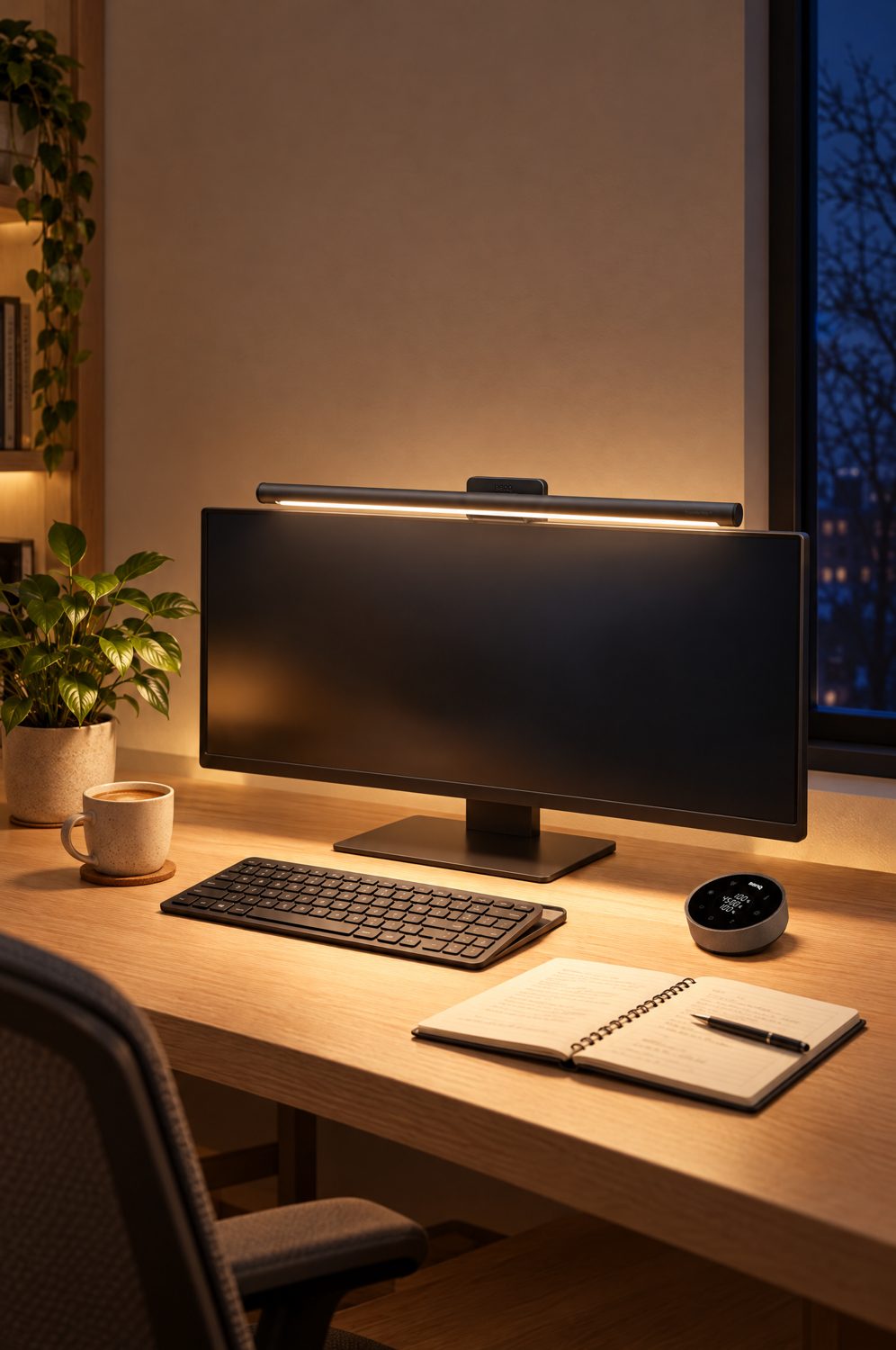BenQ ScreenBar Halo 2 Monitorlampe auf einem Bildschirm am frühen Morgen, Licht fällt auf Tastatur und Notizbuch, Kaffeetasse daneben