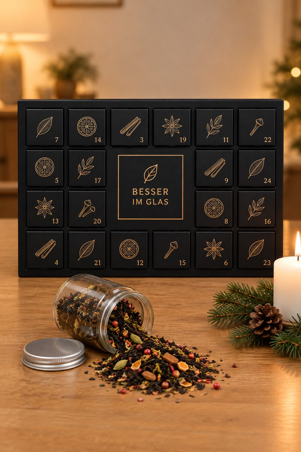 Schwarz-goldener Besser im Glas Bio Tee-Adventskalender im Querformat steht auf dem Eichentisch, davor liegt ein offenes Teeglas, aus dem bunter loser Tee mit rosa Pfefferbeeren, Orangenschale und Kardamom rieselt, daneben Tannenzweig und Kerze