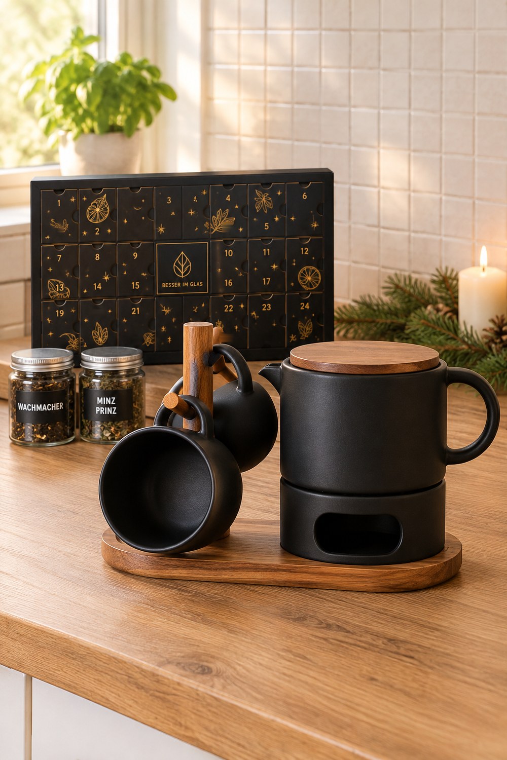 Schwarzes Keramik-Teekannenset von Besser im Glas mit Stövchen und zwei Tassen am Akazienständer, daneben der Tee-Adventskalender in Schwarz und Gold auf der Küchenarbeitsplatte