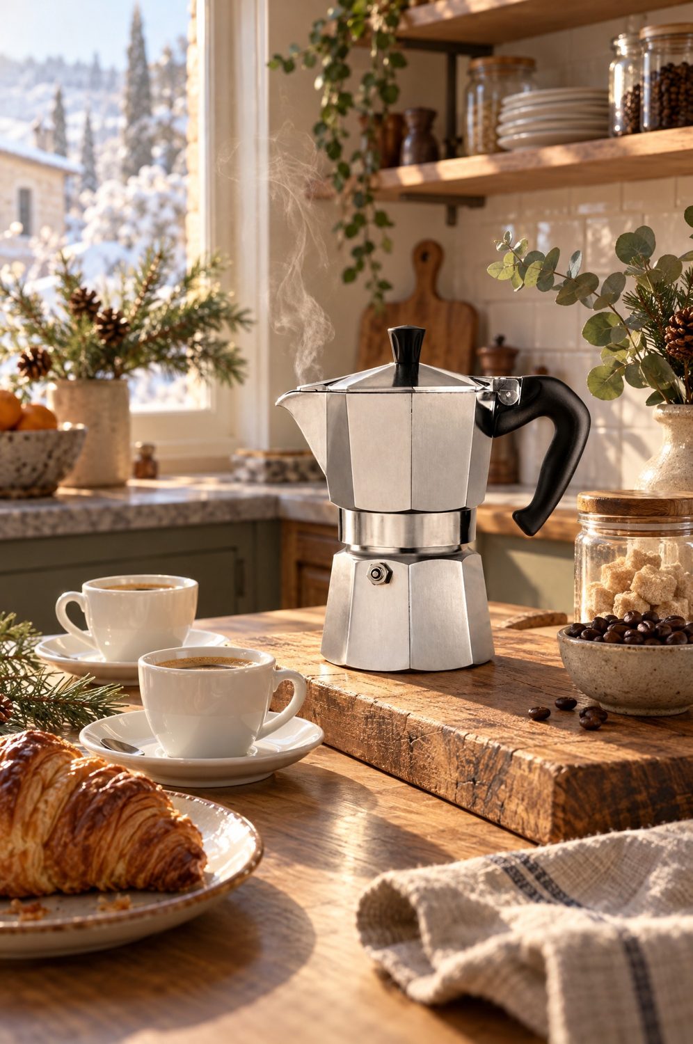 Bialetti Moka Express aus Aluminium auf einem Holztisch mit Kaffeetasse, Tannenzweigen und Kaffeebohnen im warmen Morgenlicht