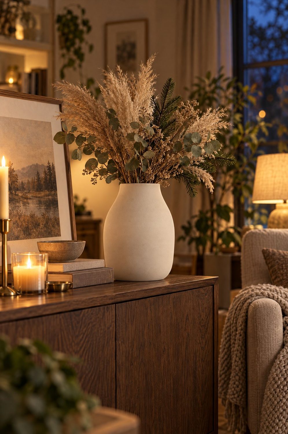Matte helle Keramikvase blomus Colora mit Pampasgras, Eukalyptus und Tannenzweigen auf einem Nussbaum-Sideboard neben Kerze und Bild im warmen Abendlicht