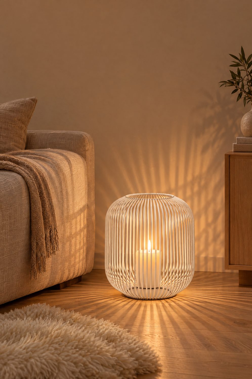 Weiße blomus Laterne Lito mit brennender Kerze auf einem Holzboden neben dem Sofa, Lichtmuster an der Wand