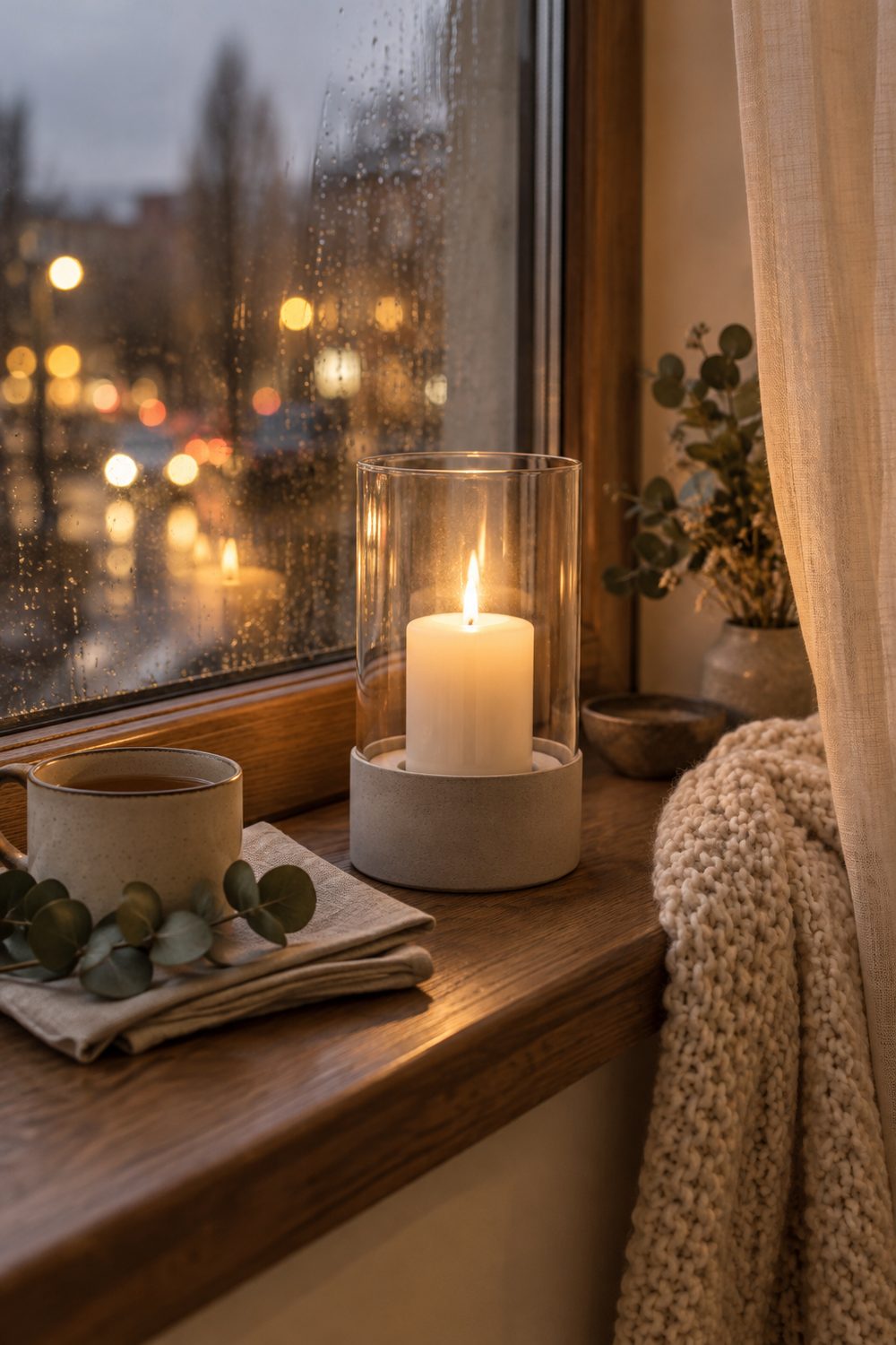 Windlicht blomus Calma mit hellgrauem Betonsockel und klarem Glaszylinder, darin eine brennende weiße Stumpenkerze, auf einer Holzfensterbank vor einem regennassen Fenster am Abend, daneben Teetasse, Eukalyptus und Strickdecke
