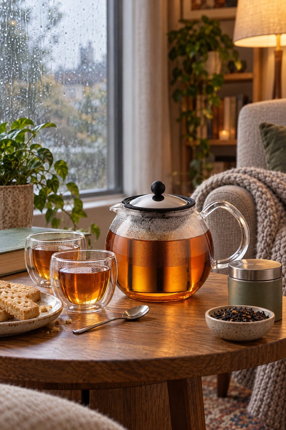Bodum Assam Teebereiter aus Glas mit Tee auf einem Holztisch, daneben Teegläser und Gebäck am regnerischen Fenster
