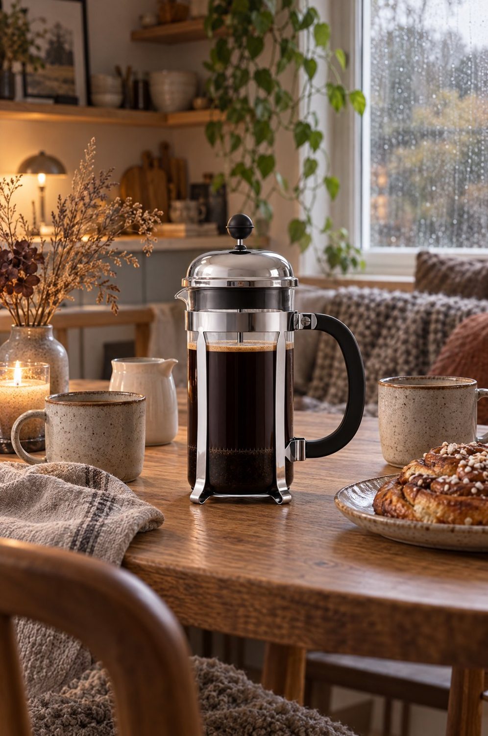 Bodum Chambord French Press aus Glas und glänzendem Edelstahl mit frischem Kaffee auf einem Holztisch, daneben Tassen, Zimtschnecke und Trockenblumen vor einem regnerischen Fenster