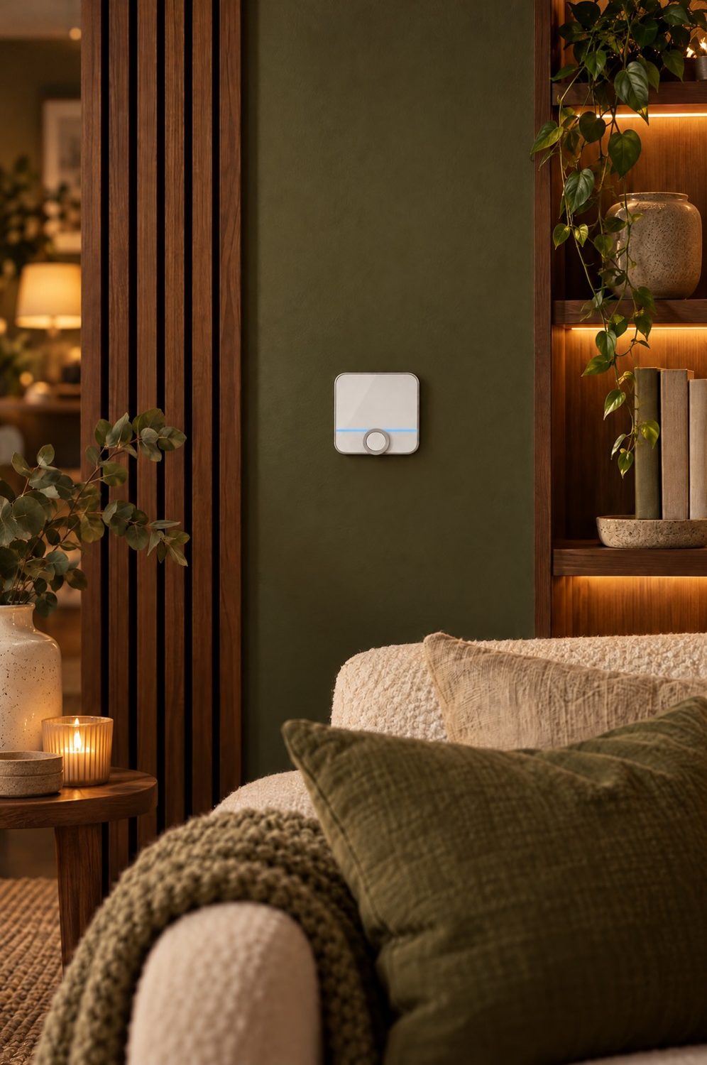 Weißes Bosch Smart Home Raumthermostat II an einer olivgrünen Wand zwischen Holzlamellen und Nussbaumregal mit warmem Licht, davor ein Sofa mit Kissen und Strickdecke