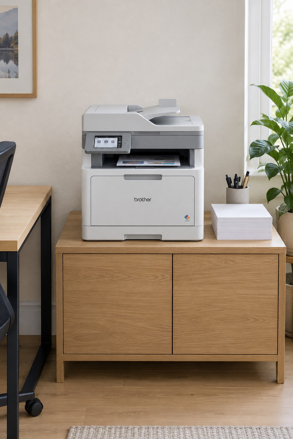 Hellgrauer Brother MFC-L8390CDW Farblaser mit Touchscreen und Vorlageneinzug auf dem Eichen-Sideboard im ruhigen Homeoffice