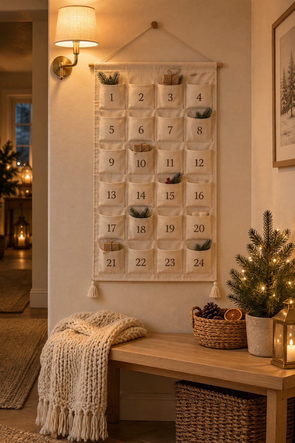 Cremefarbener BUTLERS Adventskalender aus Stoff mit 24 nummerierten Taschen an einer Holzleiste über einer Flurbank, darauf eine Strickdecke, daneben ein kleines Bäumchen mit Lichterkette, warmes Abendlicht