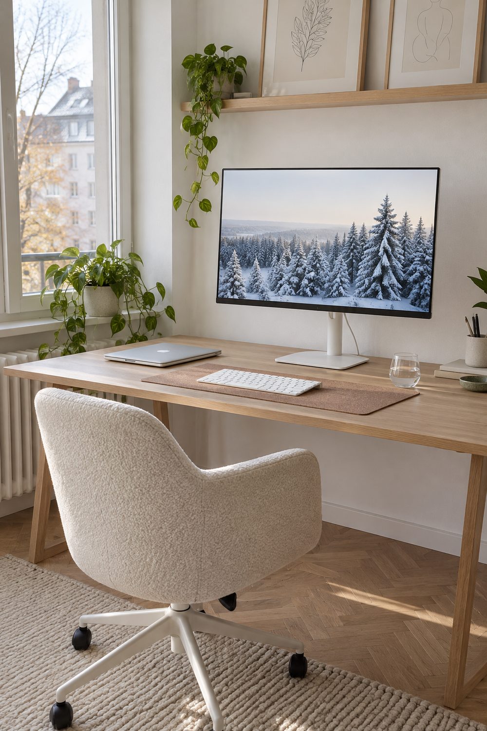 Weißer 27-Zoll-Monitor Dell S2725QC mit verschneitem Tannenwald auf dem Bildschirm auf einem hellen Holzschreibtisch, davor Korkmatte mit weißer Tastatur und ein zugeklappter Laptop, daneben ein Bouclé-Drehstuhl, Fenster mit Grünpflanzen und Wandregal mit Zeichnungen im Tageslicht