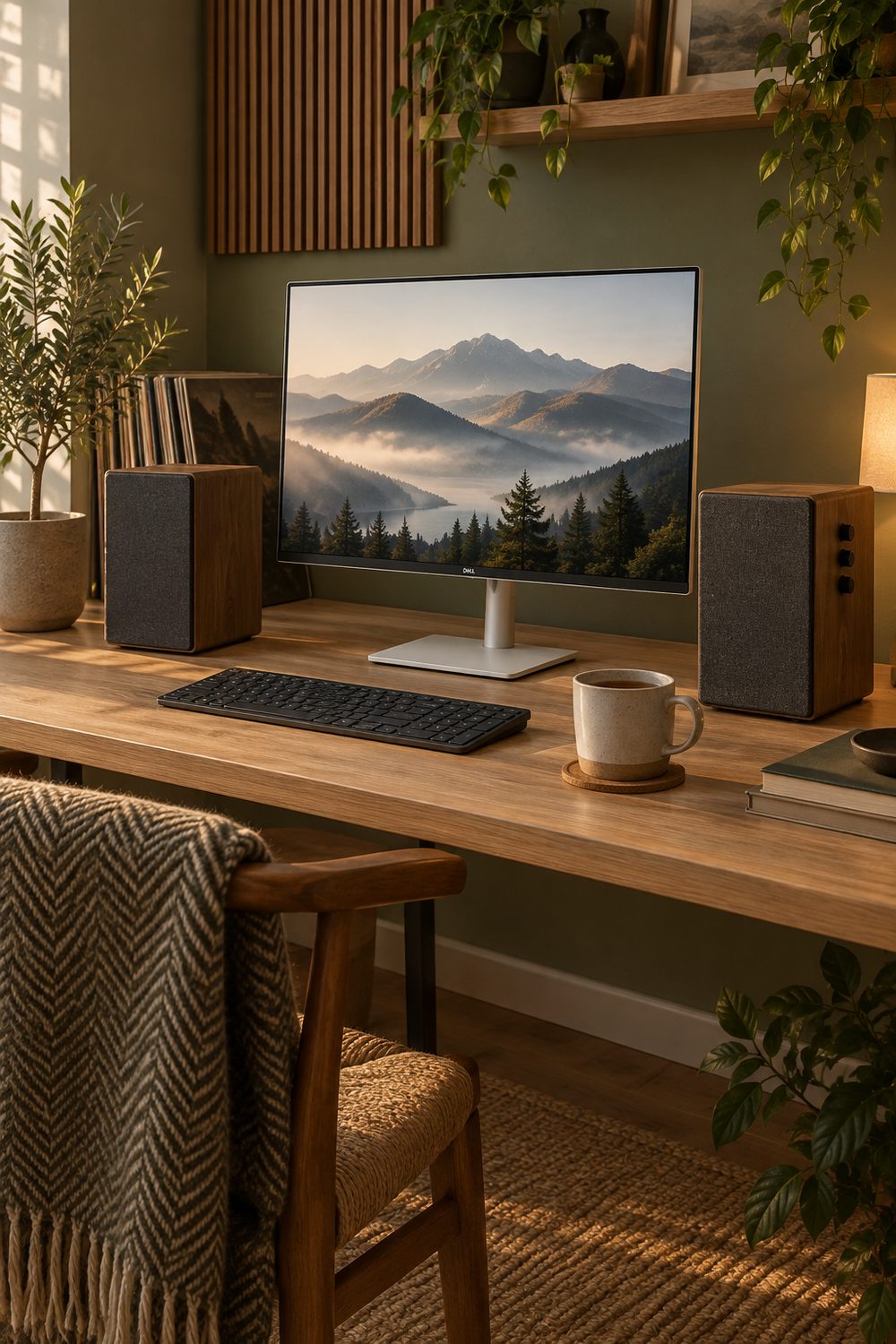 Zwei Regallautsprecher Edifier R1280DB in Holzfarbe mit dunkler Stoffblende links und rechts neben einem weißen Monitor auf einem Eichenschreibtisch vor olivgrüner Wand, davor Tastatur und Teetasse, vorne ein Holzstuhl mit gemusterter Wolldecke im warmen Licht