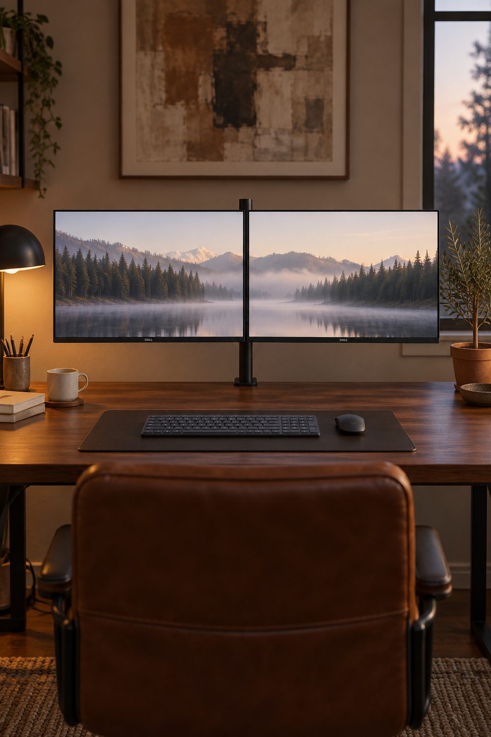 Zwei Dell-Monitore nebeneinander an einem schlanken schwarzen Ergotron Monitorarm über einem dunklen Holzschreibtisch mit Tastatur und Maus auf einer schwarzen Unterlage, daneben Tischlampe, Tasse und Olivenbäumchen, davor ein brauner Lederstuhl im Abendlicht