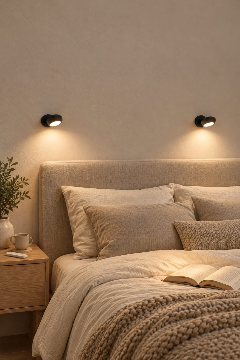 Zwei kleine schwarze Akku-Wandleuchten leuchten warmweiß über einem Bett mit cremefarbener Bettwäsche, auf der Decke liegt ein aufgeschlagenes Buch