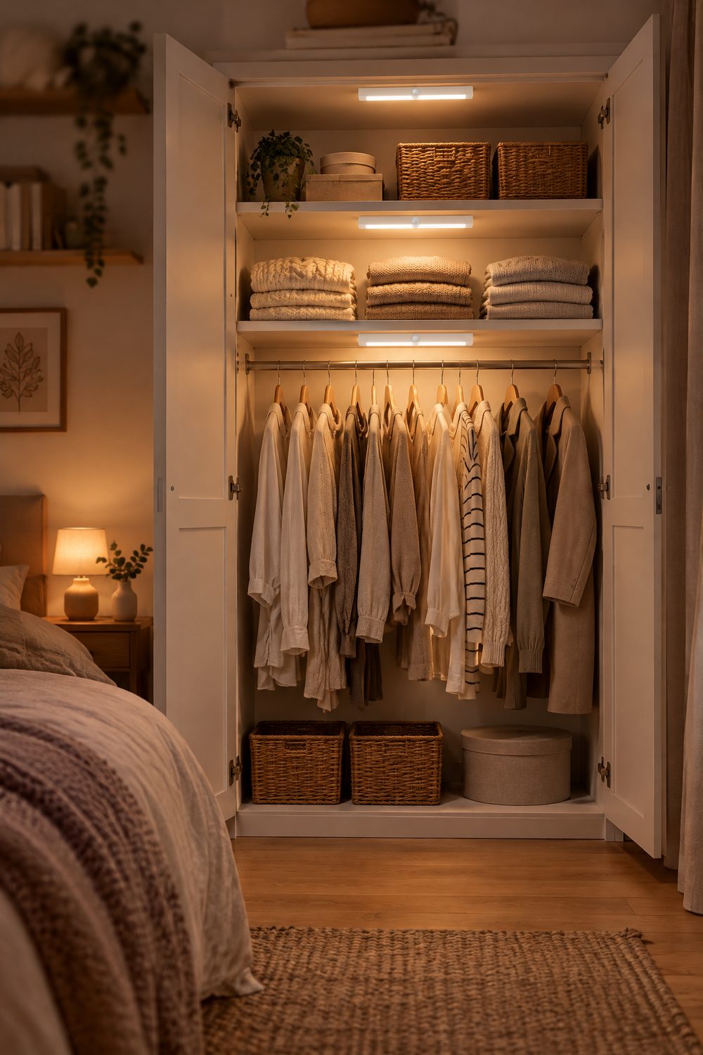 Drei flache weiße LED-Leisten leuchten warmweiß unter den Fächern eines offenen Kleiderschranks im Schlafzimmer, darunter hängen helle Pullover und Hemden, Abendstimmung