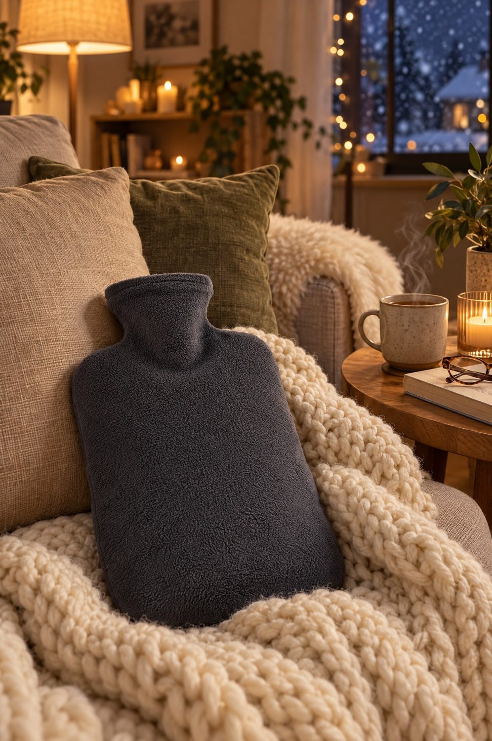 Fashy Wärmflasche mit anthrazitfarbenem Fleecebezug auf einer cremefarbenen Strickdecke im Sessel