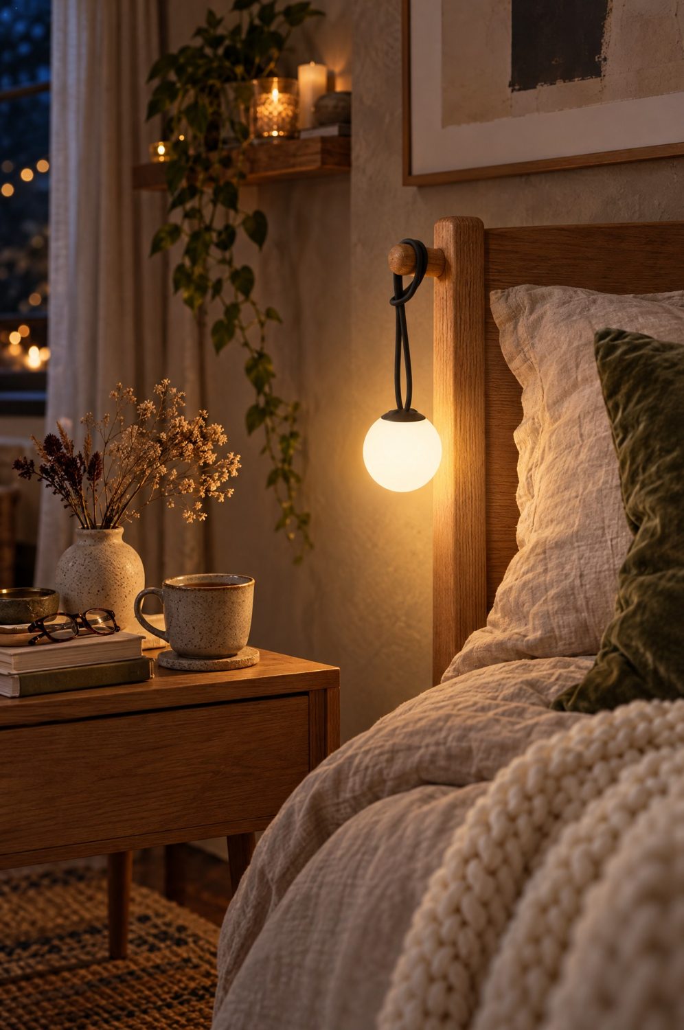 Fatboy Bolleke Mini Akku-Lampe in Anthrazit hängt an einem Bettpfosten aus Eiche und leuchtet warmweiß neben Leinenbettwäsche und einem Nachttisch mit Büchern