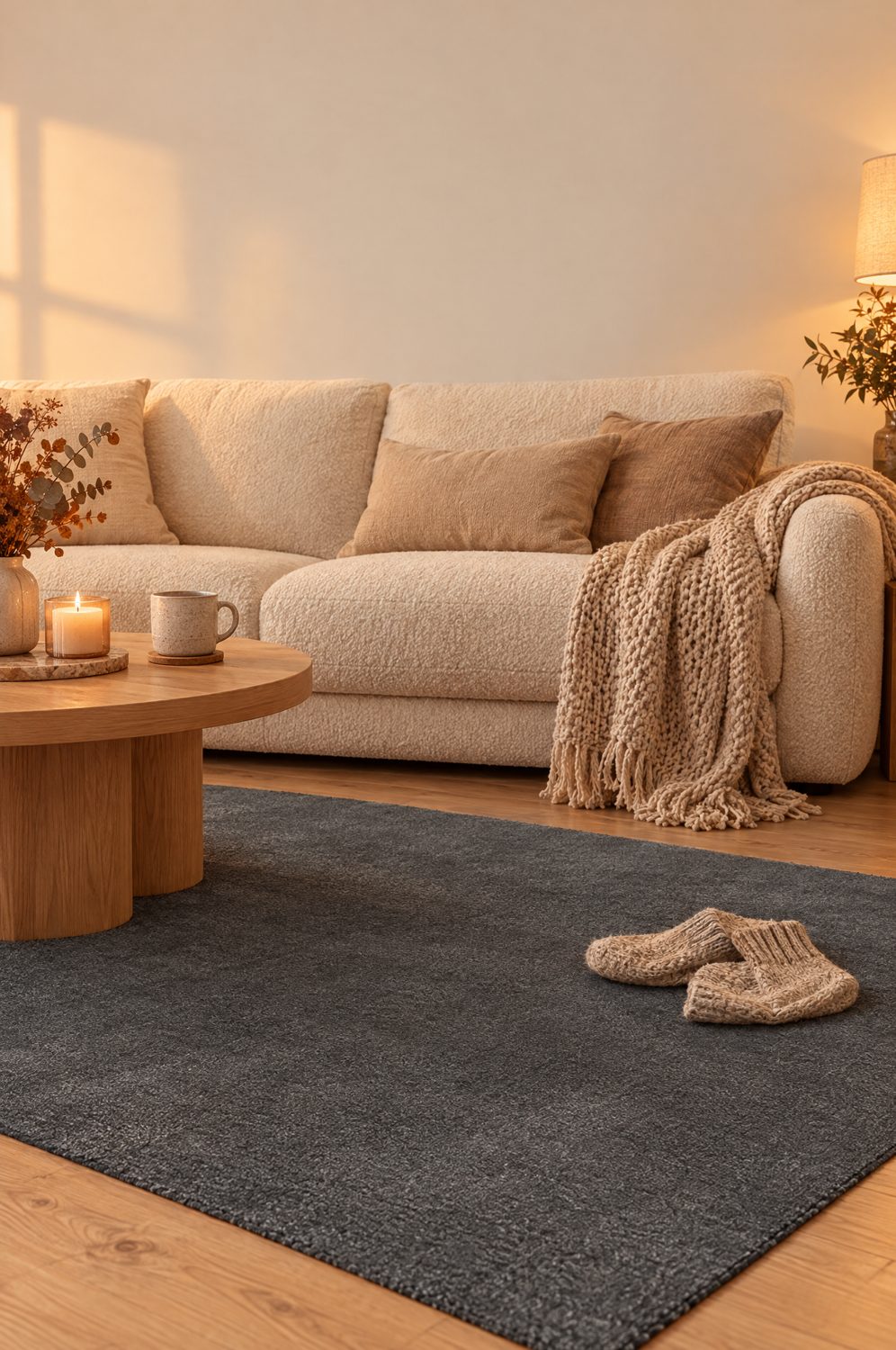 Flauschiger anthrazitfarbener Kurzflor-Teppich im gemütlichen Wohnzimmer vor einem hellen Sofa