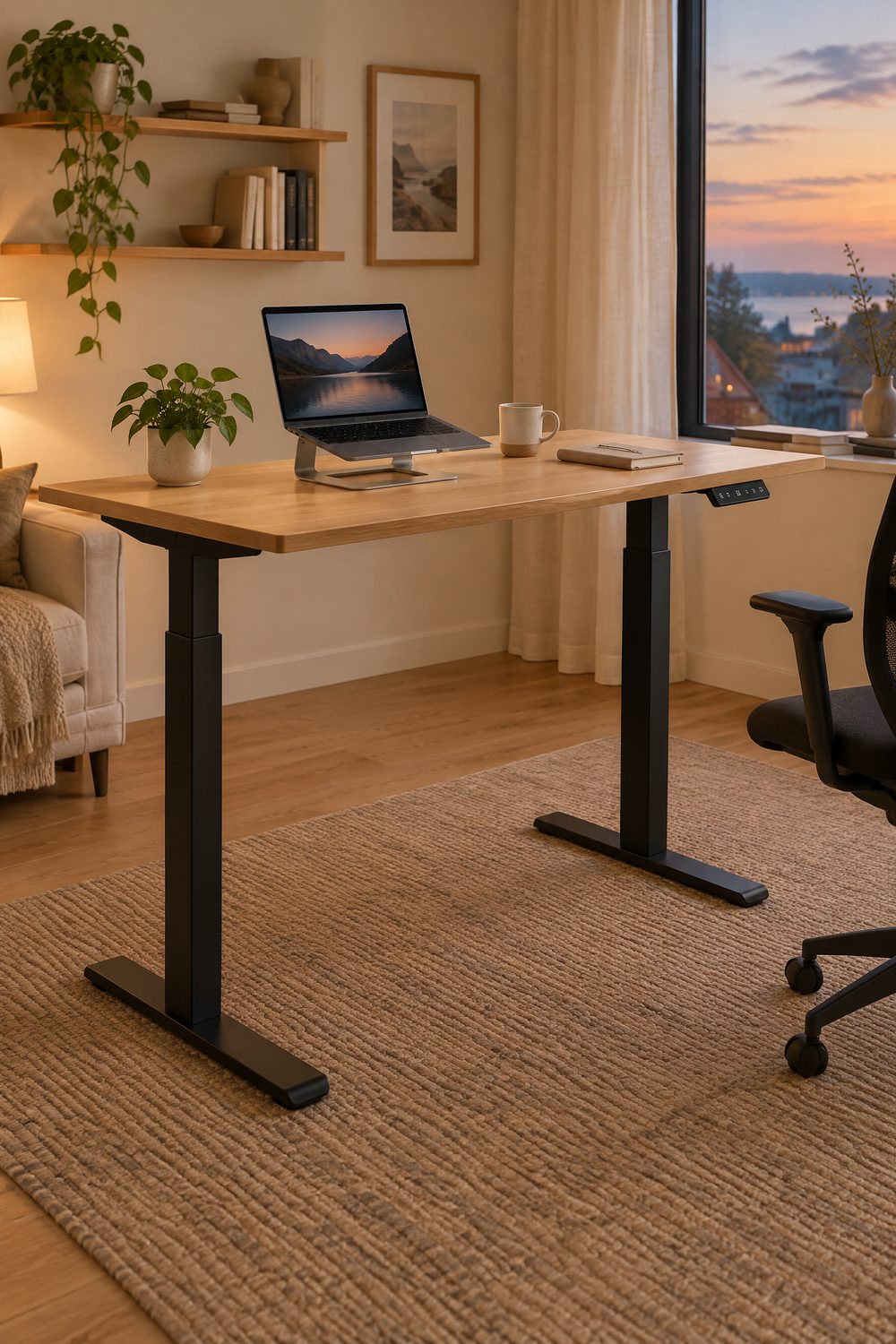 Höhenverstellbarer Schreibtisch mit heller Tischplatte in Eiche-Optik und schwarzem Gestell, auf Stehhöhe hochgefahren, in einer gemütlichen Homeoffice-Ecke im warmen Abendlicht