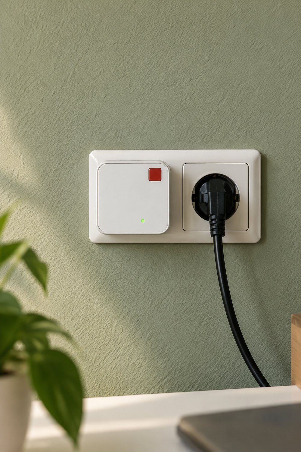 FRITZ!Repeater 600 in einer weißen Doppelsteckdose an einer salbeigrünen Wand im Homeoffice