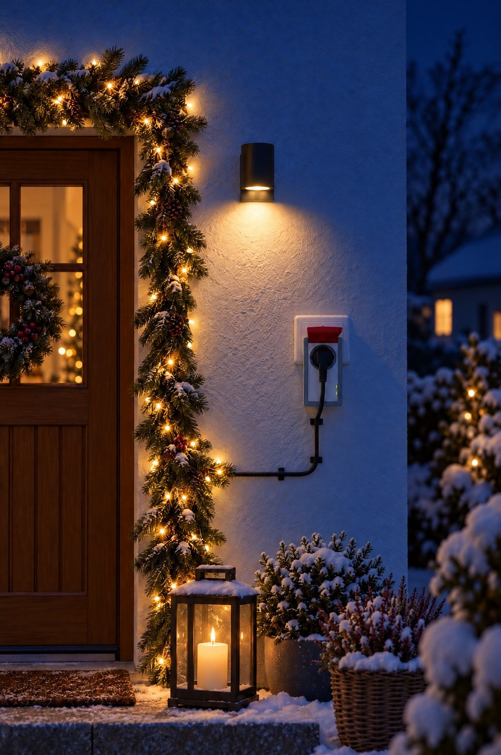 FRITZ!DECT 210 Außensteckdose an einer Hauswand, daran eine Lichterkette am Hauseingang in der Abenddämmerung
