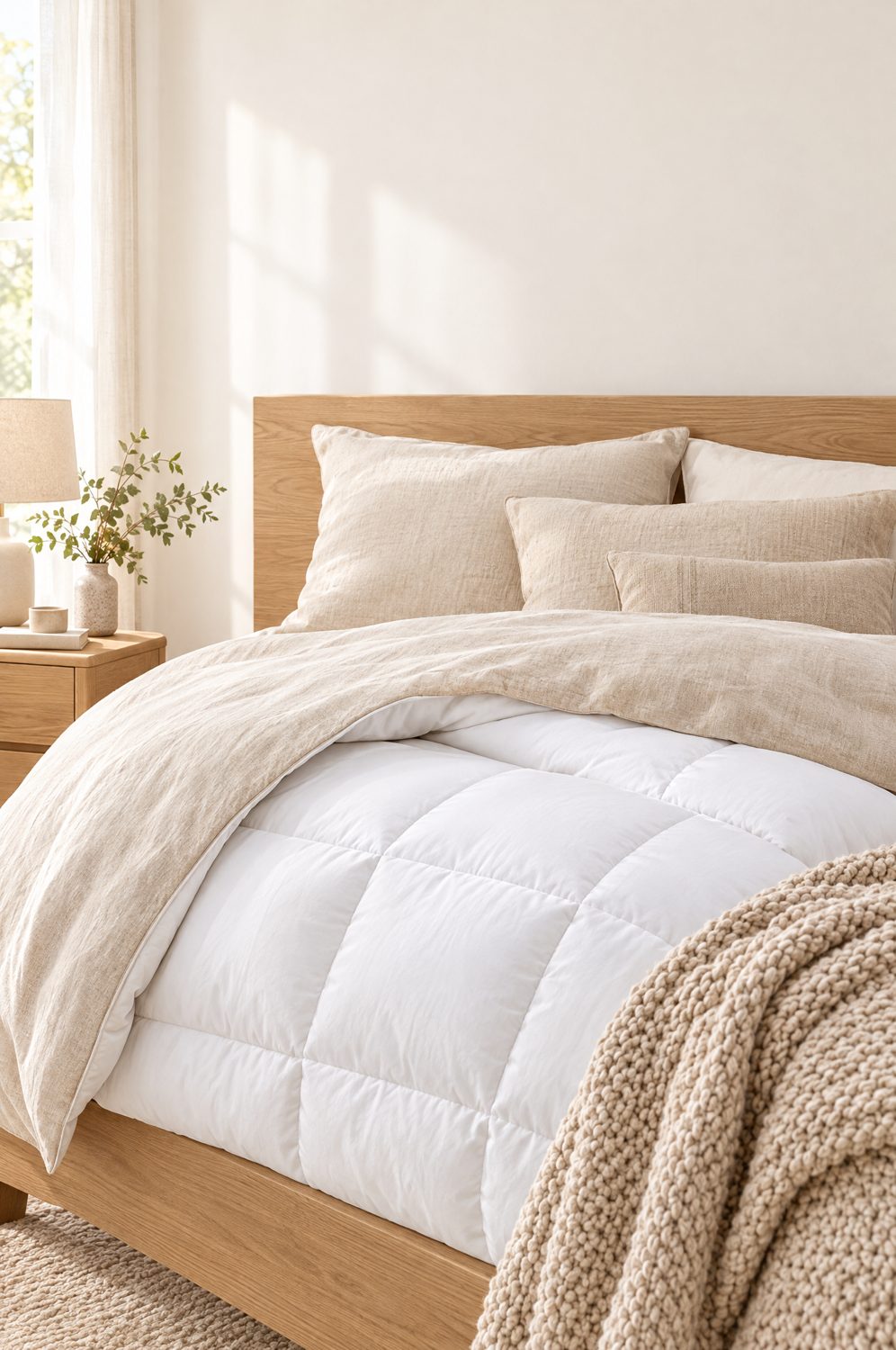 Weiße Ganzjahres-Bettdecke auf einem gemütlichen Bett mit Leinenbettwäsche