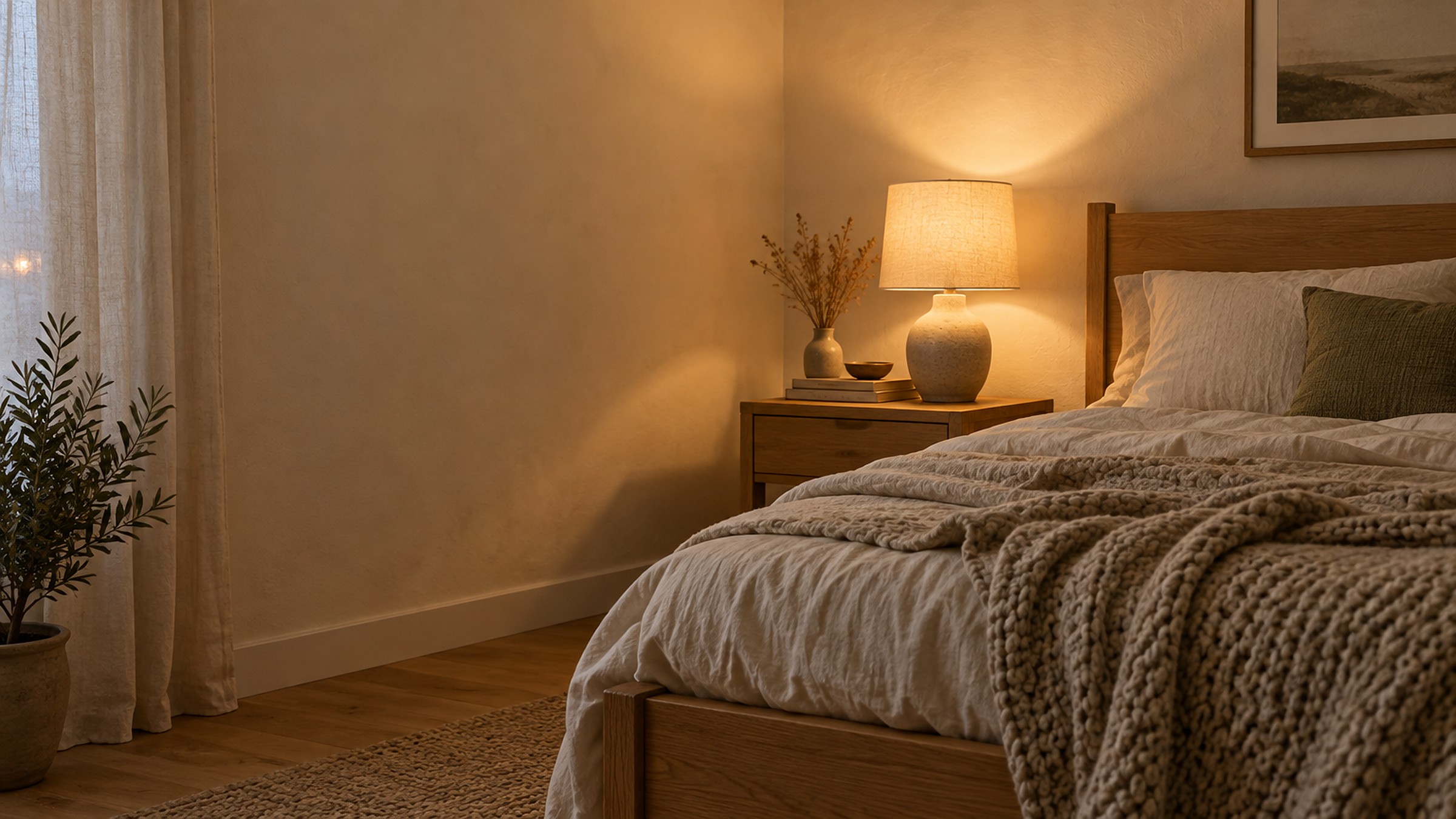 Gemütliches Schlafzimmer mit Holzbett, Leinenbettwäsche, Strickdecke, Nachttischlampe und Olivenbaum am Fenster