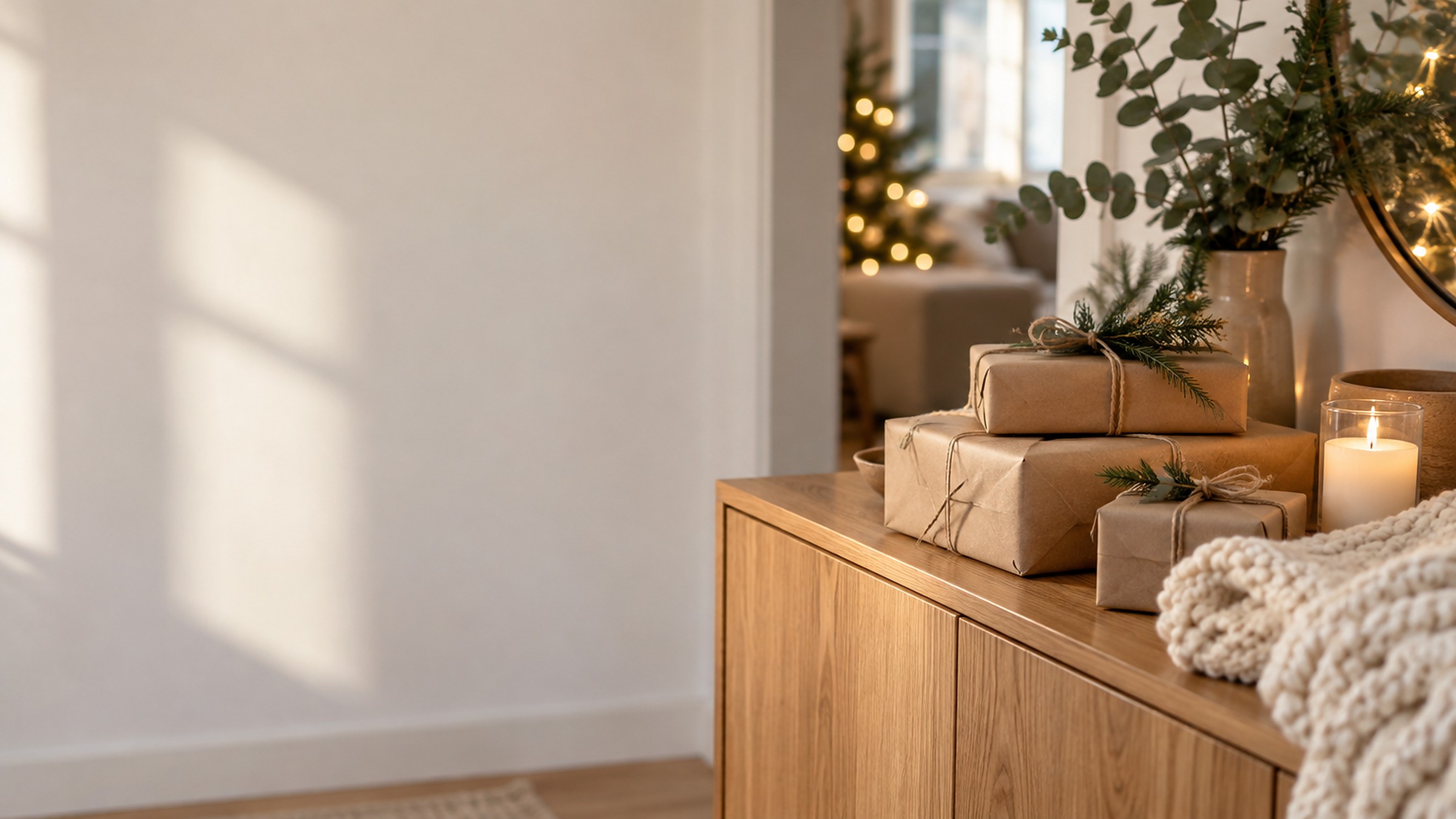 Helles Wohnzimmer im Advent mit Geschenken in Packpapier, Tannenzweigen und Eukalyptus auf einem Sideboard aus Eiche, daneben eine Strickdecke und eine brennende Kerze