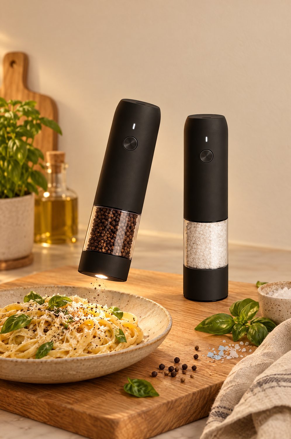Zwei schwarze elektrische Gewürzmühlen auf einem Holzbrett neben einem Pastateller bei Kerzenlicht