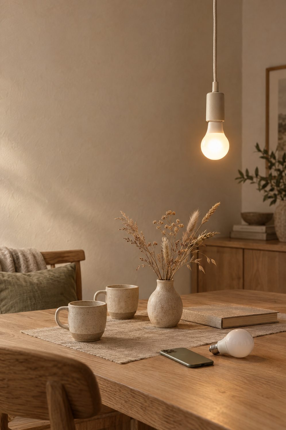 Smarte Glühbirne mit warmweißem Licht über einem Esstisch am Abend