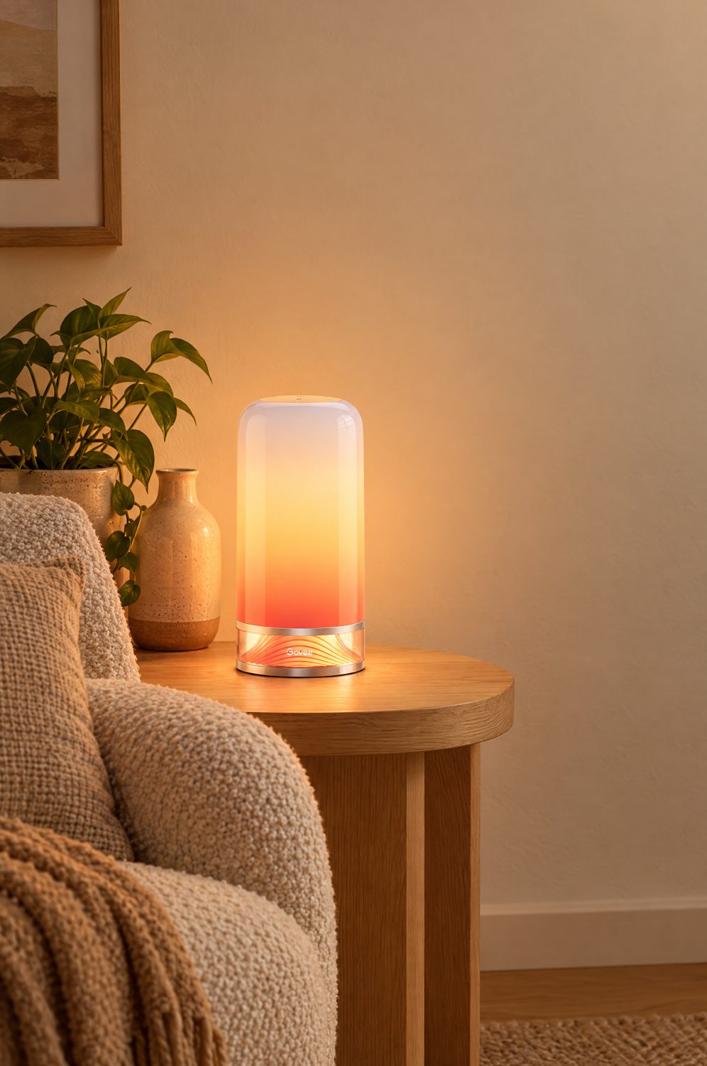 Weiße zylinderförmige Tischlampe leuchtet warm neben einem Bouclé-Sessel im Wohnzimmer