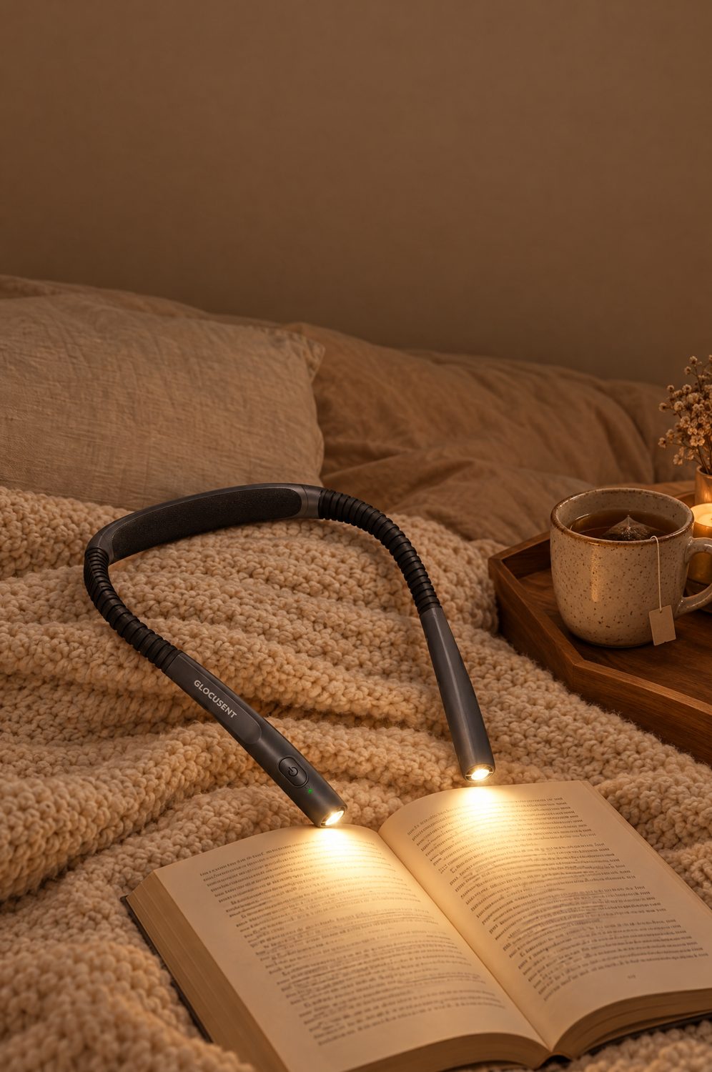 Dunkelgraue Glocusent Leselampe für den Hals liegt auf einer cremefarbenen Strickdecke im Bett, ihre zwei Arme leuchten warm auf ein aufgeschlagenes Buch, daneben eine Tasse Tee