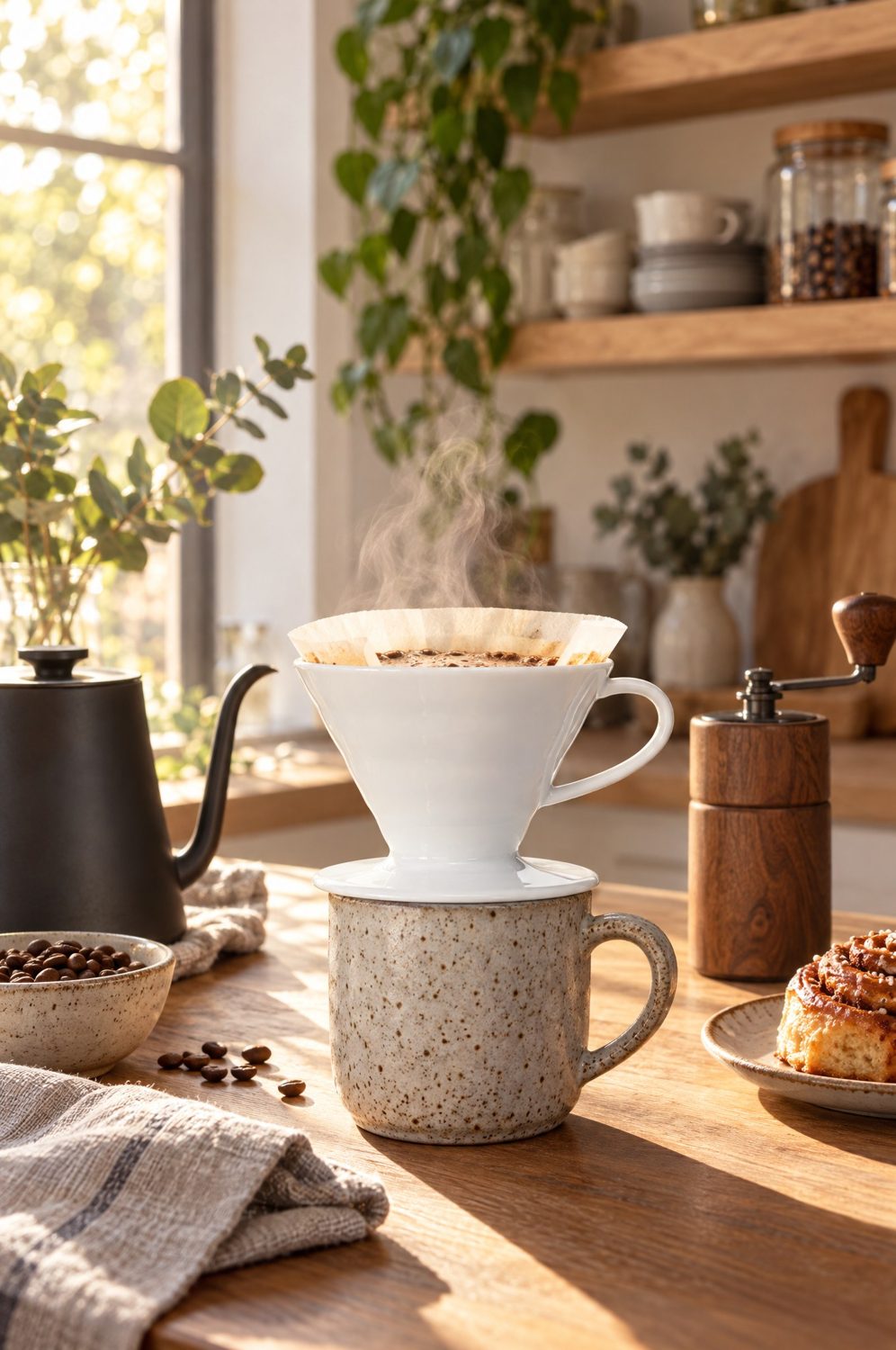 Hario V60 Filter aus weißem Porzellan auf einer Tasse, dampfender Kaffee in der Morgensonne