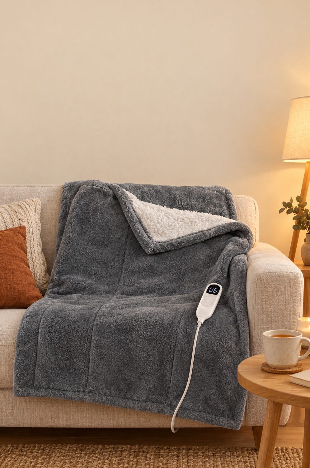 Graue Heizdecke liegt über einem Sofa in einem gemütlichen Wohnzimmer