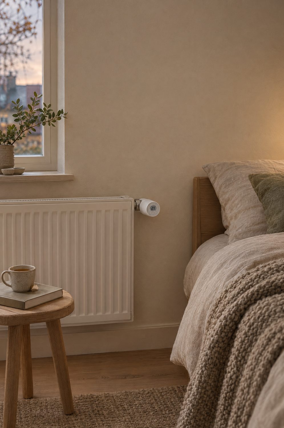 Smarter Heizkörperregler an einem Heizkörper im Schlafzimmer