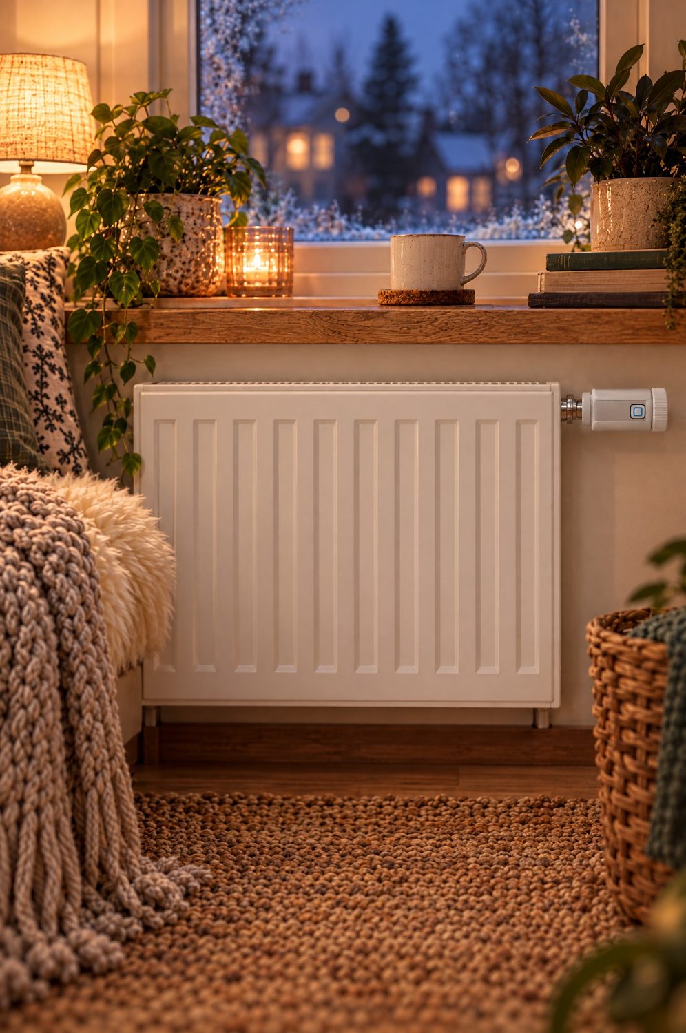 Homematic IP Heizkörperthermostat Evo waagerecht am Heizkörper unter dem Fenster, daneben Strickdecke und Tasse