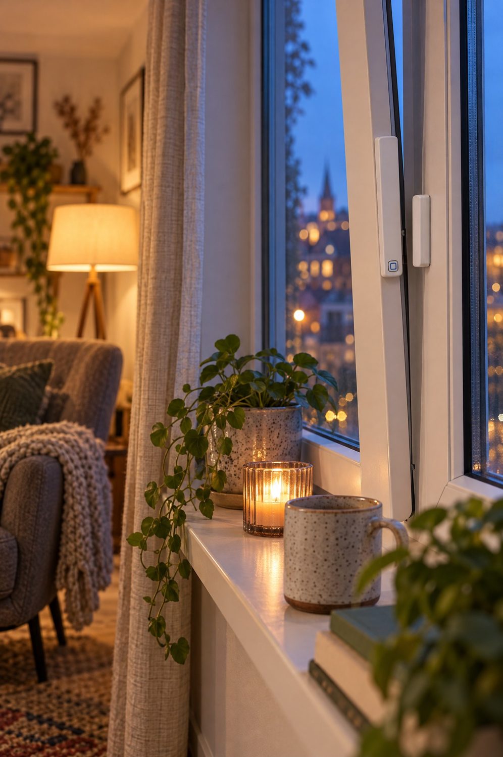 Homematic IP Fensterkontakt am Fensterrahmen, auf der Fensterbank Teelicht, Tasse und Pflanzen am Abend
