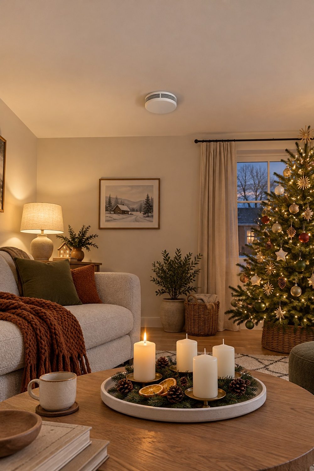 Weißer Homematic IP Rauchwarnmelder mittig an der hellen Wohnzimmerdecke, darunter ein gemütliches Wohnzimmer mit Sofa, Tischlampe, Adventskerzen auf dem Couchtisch und leuchtendem Weihnachtsbaum am Fenster