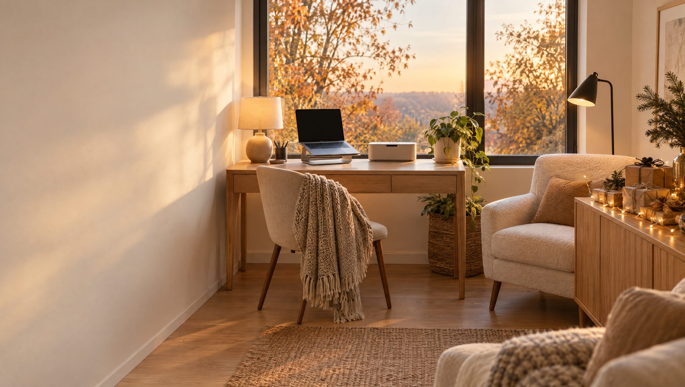 Heller Arbeitsplatz am großen Fenster mit Holzschreibtisch, Laptop auf einem Ständer, Tischlampe und Sessel im warmen Abendlicht