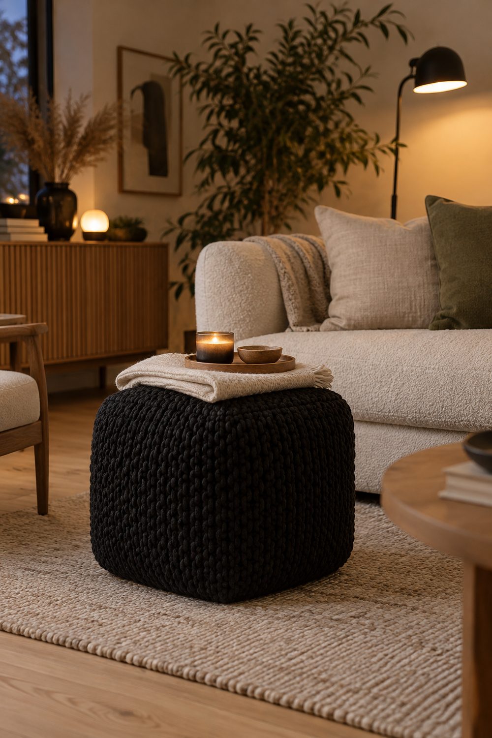 Schwarzer Sitzwürfel aus grobem Baumwollstrick auf einem hellen Webteppich vor einem cremefarbenen Bouclé-Sofa, darauf eine gefaltete helle Decke und ein Holztablett mit Kerze im Glas, im warmen Abendlicht
