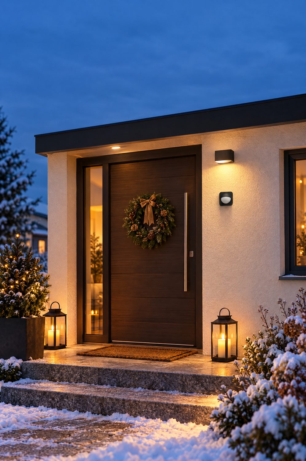 Schwarzer Philips Hue Bewegungsmelder an einer Hauswand neben der Haustür, Außenlicht geht an einem Winterabend an