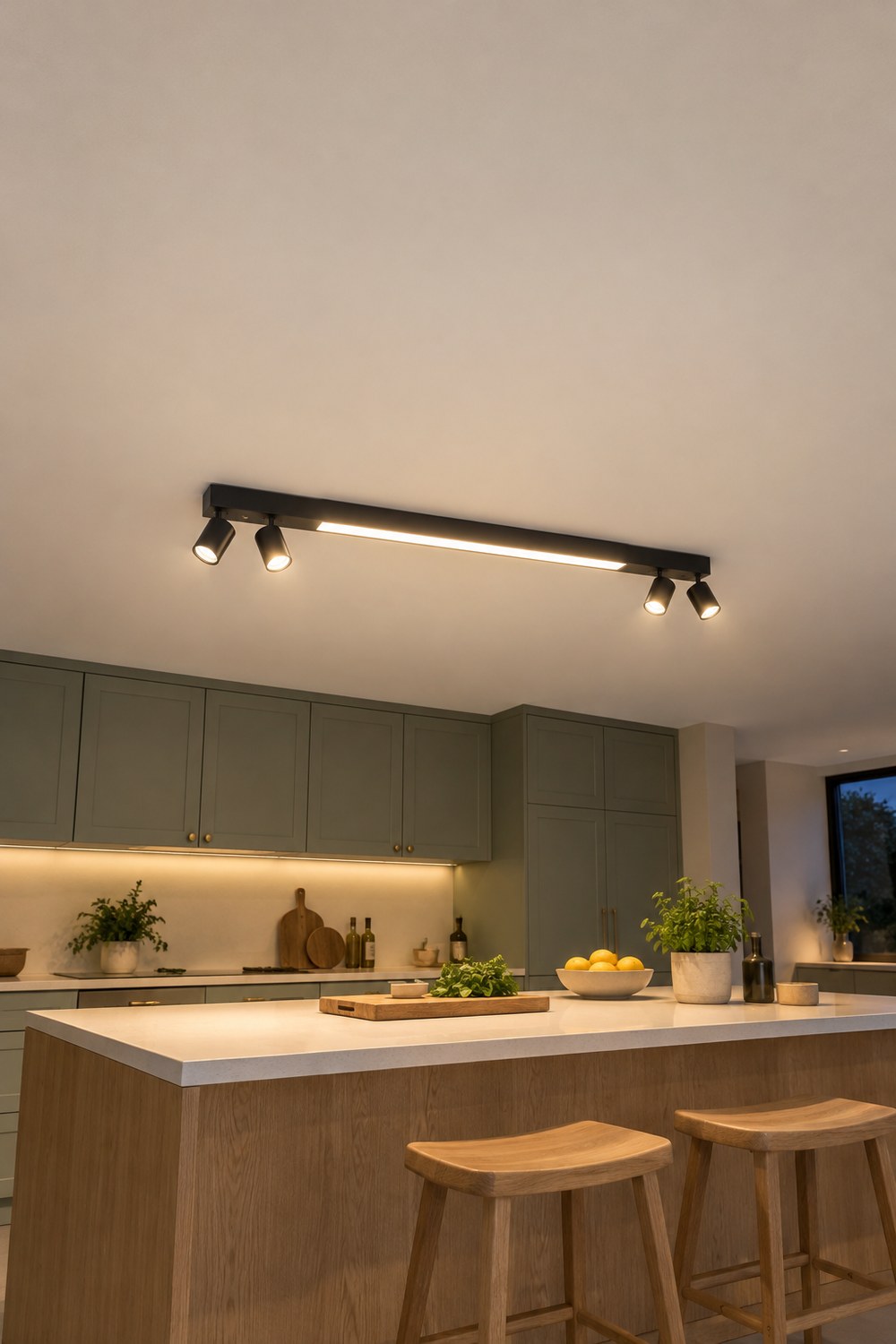Philips Hue Centris Deckenleuchte in Schwarz mit vier schwenkbaren Spots und Lichtleiste über einer hellen Kochinsel am Abend