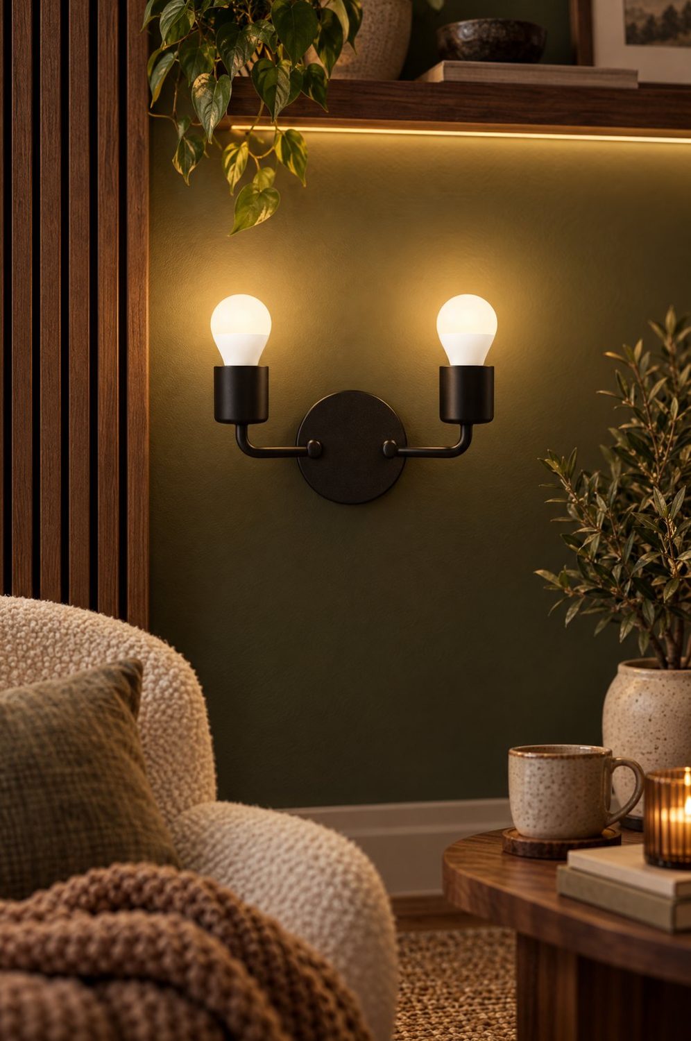 Schwarze Wandleuchte mit zwei warm leuchtenden Philips Hue E14 Luster Lampen an einer olivgrünen Wand neben Holzlamellen, Efeu und Bouclé-Sessel