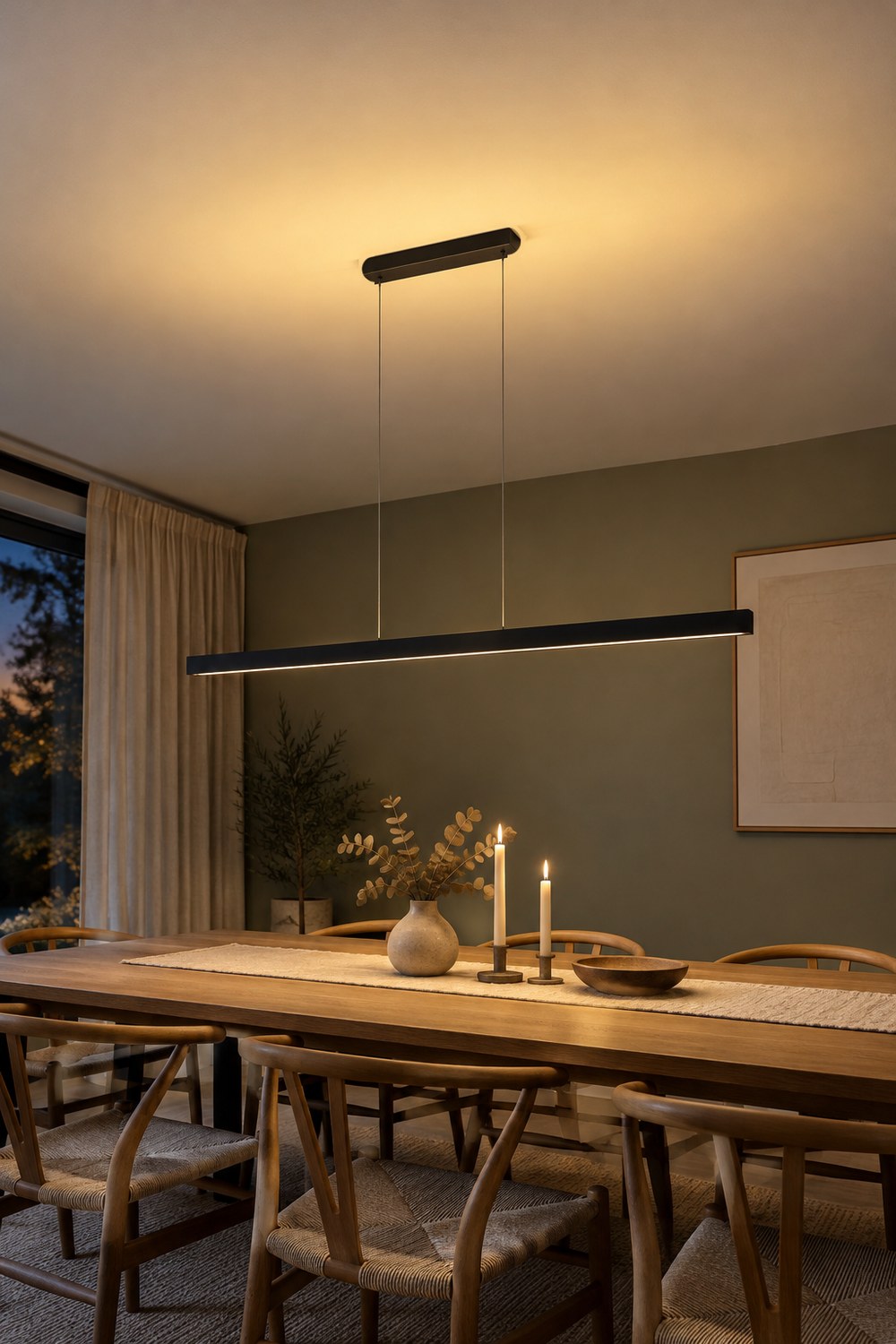 Philips Hue Ensis Pendelleuchte in Schwarz über einem Esstisch aus Eiche, das Licht strahlt warm nach oben an die Decke